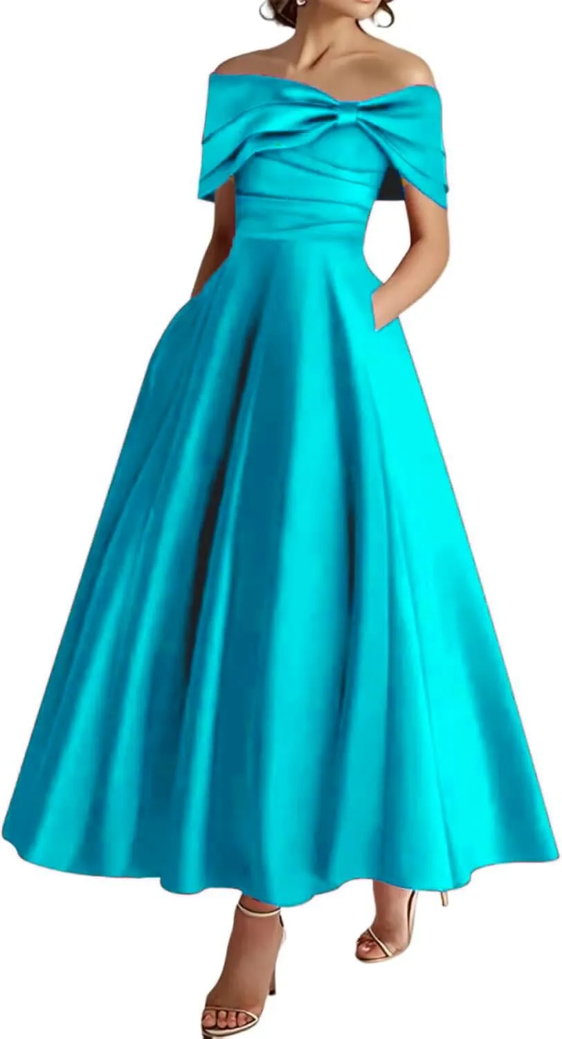 Off The Shoulder Mother of The Bride Dresses Tea Length Prom Dress Ruffle Satin Formal Evening Gowns with Pockets