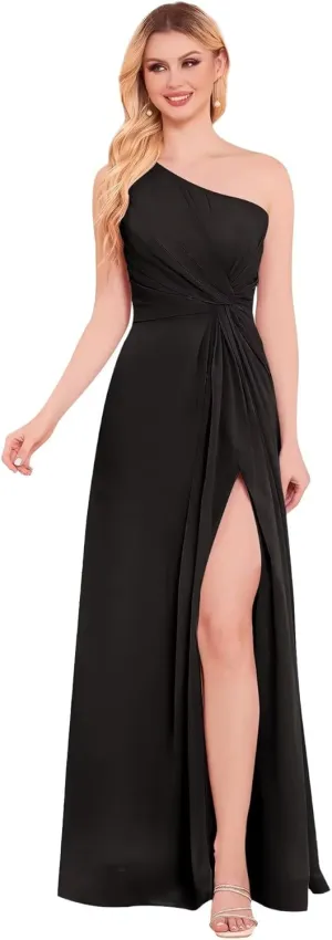 One Shoulder Bridesmaid Dresses with Slit Flowy Chiffon Long Formal Dresses with Pockets for Women