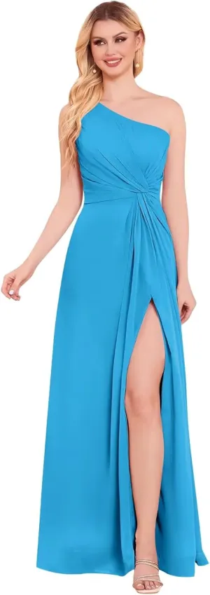 One Shoulder Bridesmaid Dresses with Slit Flowy Chiffon Long Formal Dresses with Pockets for Women