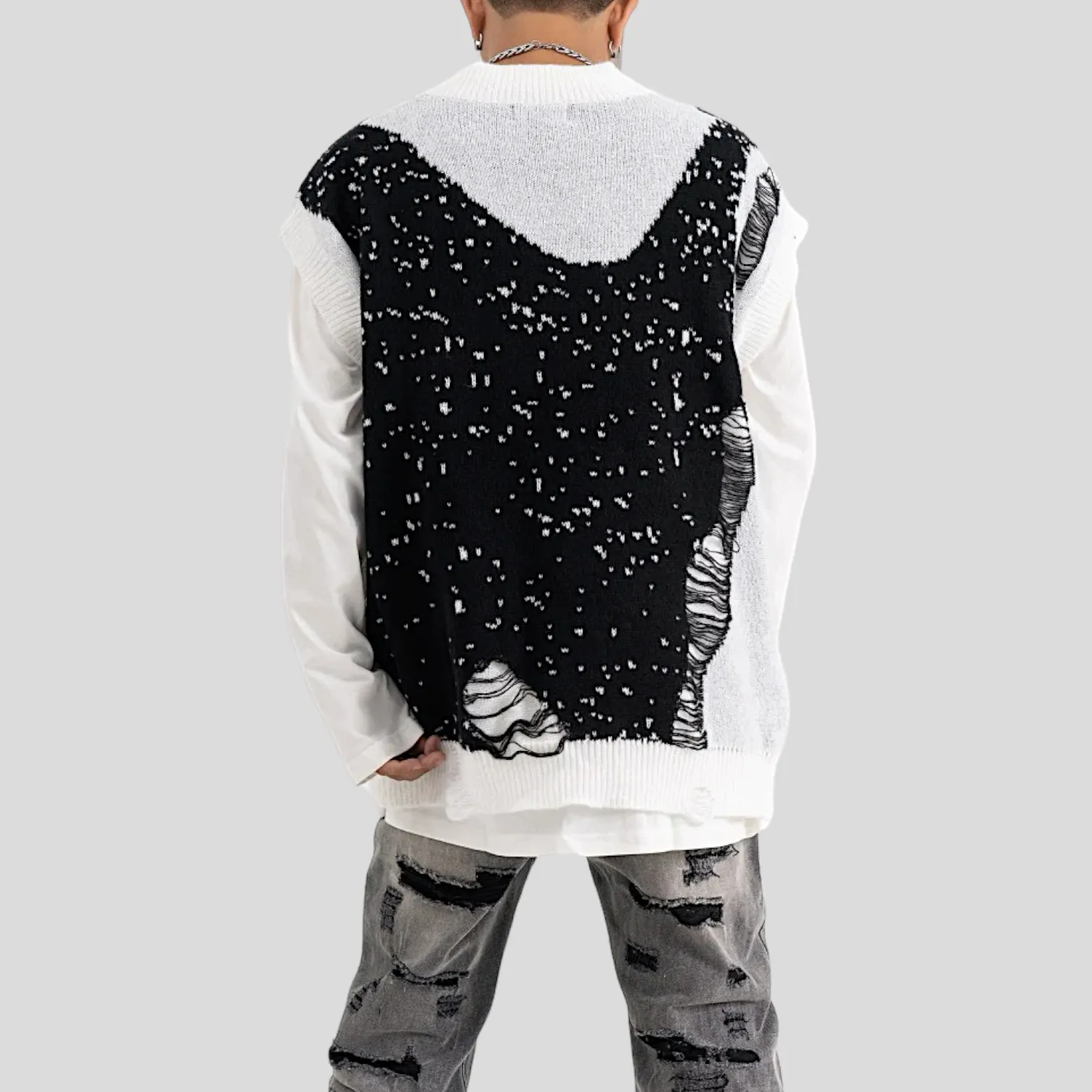 Oversized V neck spider web jacquard vest