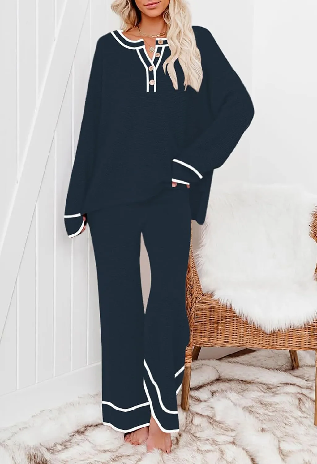 Pink Queen Women's 2 Piece Outfit Set Long Sleeve Button Pullover Sweater Top and Wide Leg Pants Knit Sweatsuit