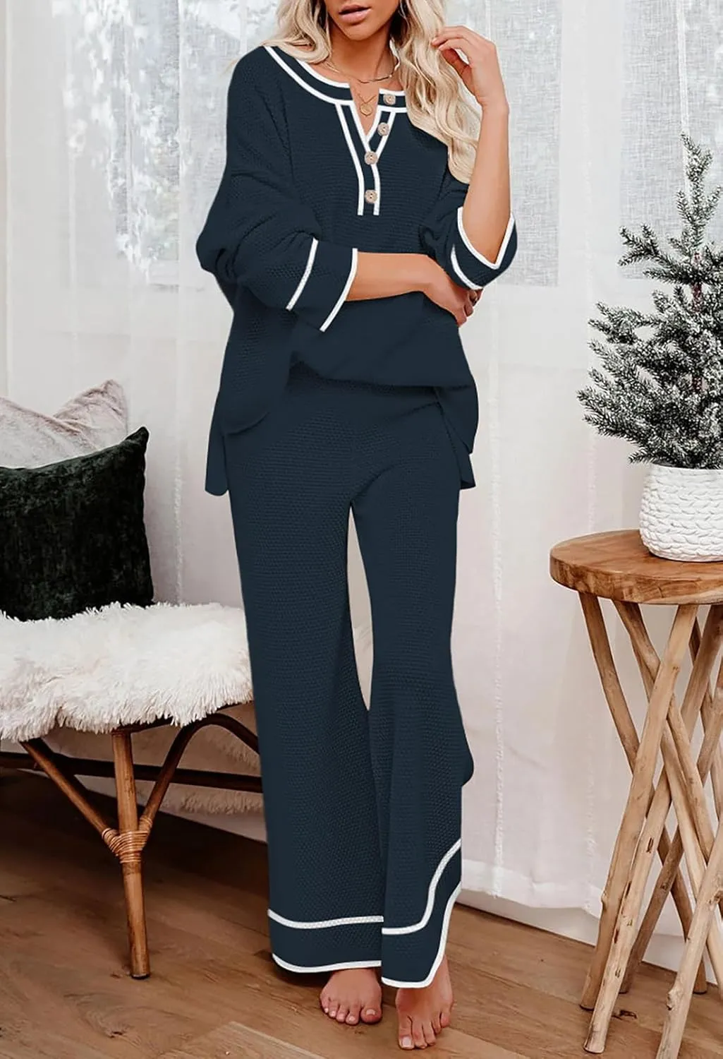 Pink Queen Women's 2 Piece Outfit Set Long Sleeve Button Pullover Sweater Top and Wide Leg Pants Knit Sweatsuit