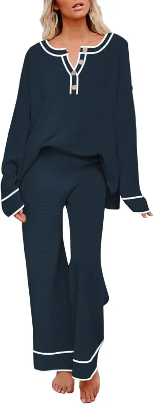 Pink Queen Women's 2 Piece Outfit Set Long Sleeve Button Pullover Sweater Top and Wide Leg Pants Knit Sweatsuit