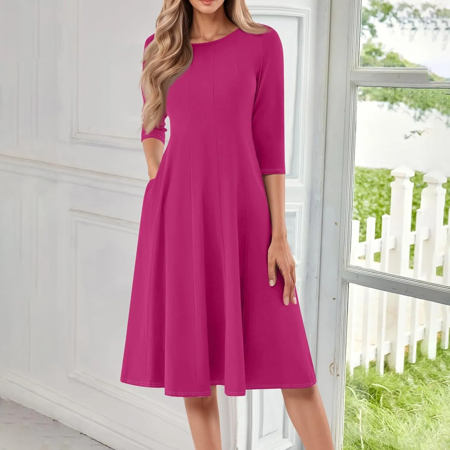 Plus Size Dresses for Curvy Women Summer Casual Loose Trendy Crew Neck 3/4 Sleeve Solid Midi Dress 2025, S-3XL
