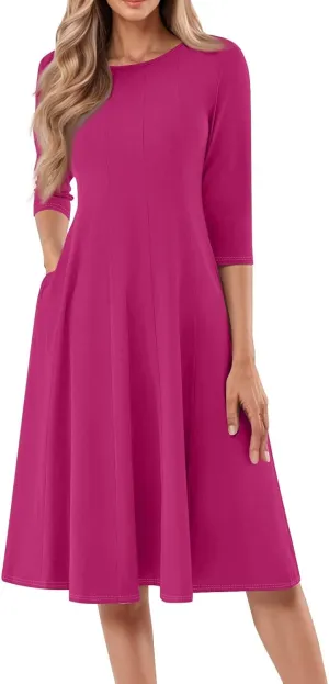 Plus Size Dresses for Curvy Women Summer Casual Loose Trendy Crew Neck 3/4 Sleeve Solid Midi Dress 2025, S-3XL