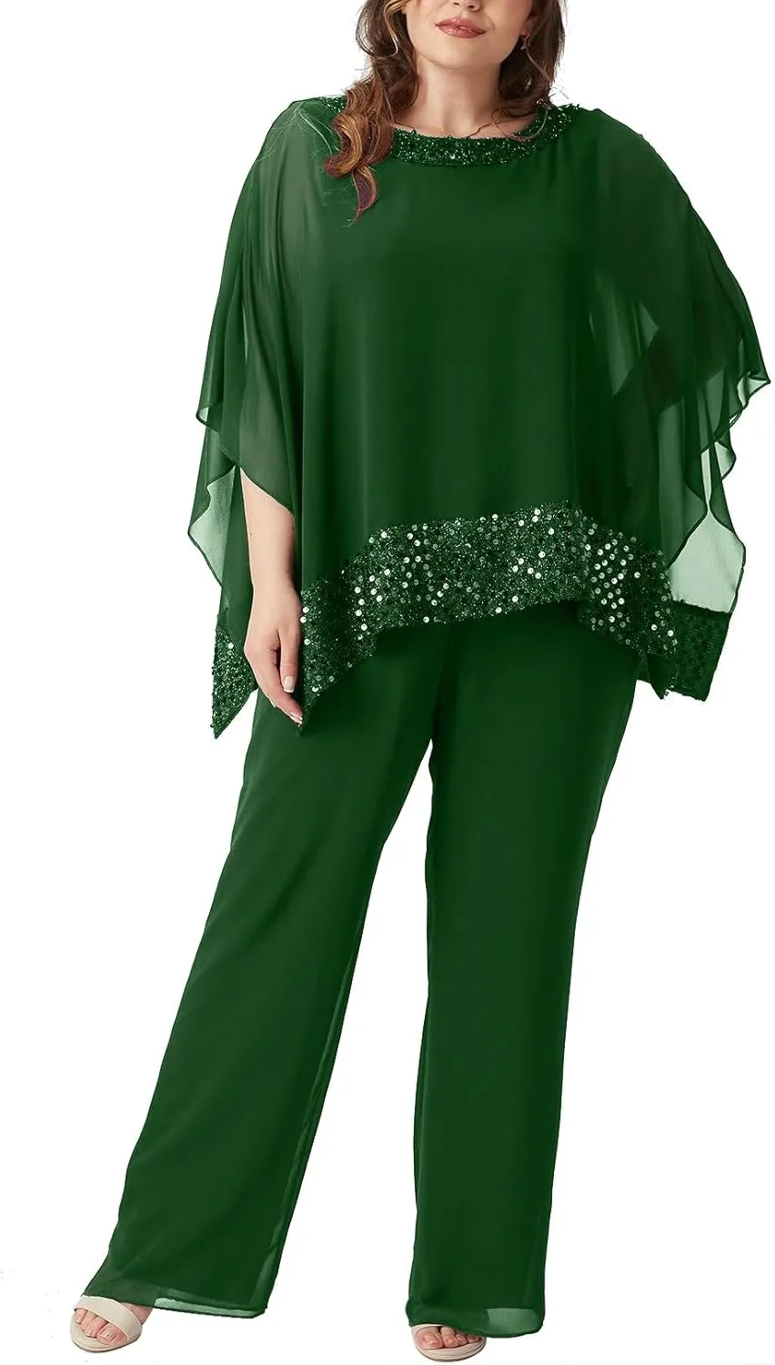 Plus Size Mother of Bride Pant Suits 3 Piece Chiffon Sets Sequins Wedding Guest Outfit