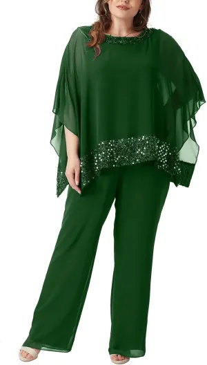 Plus Size Mother of Bride Pant Suits 3 Piece Chiffon Sets Sequins Wedding Guest Outfit