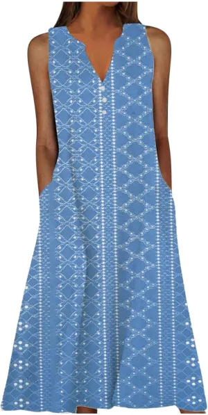 Plus Size Women's Embossed Floral Printed Midi Dresses with Pockets Loose Button V Neck Sleeveless A-Line Casual Summer Dress