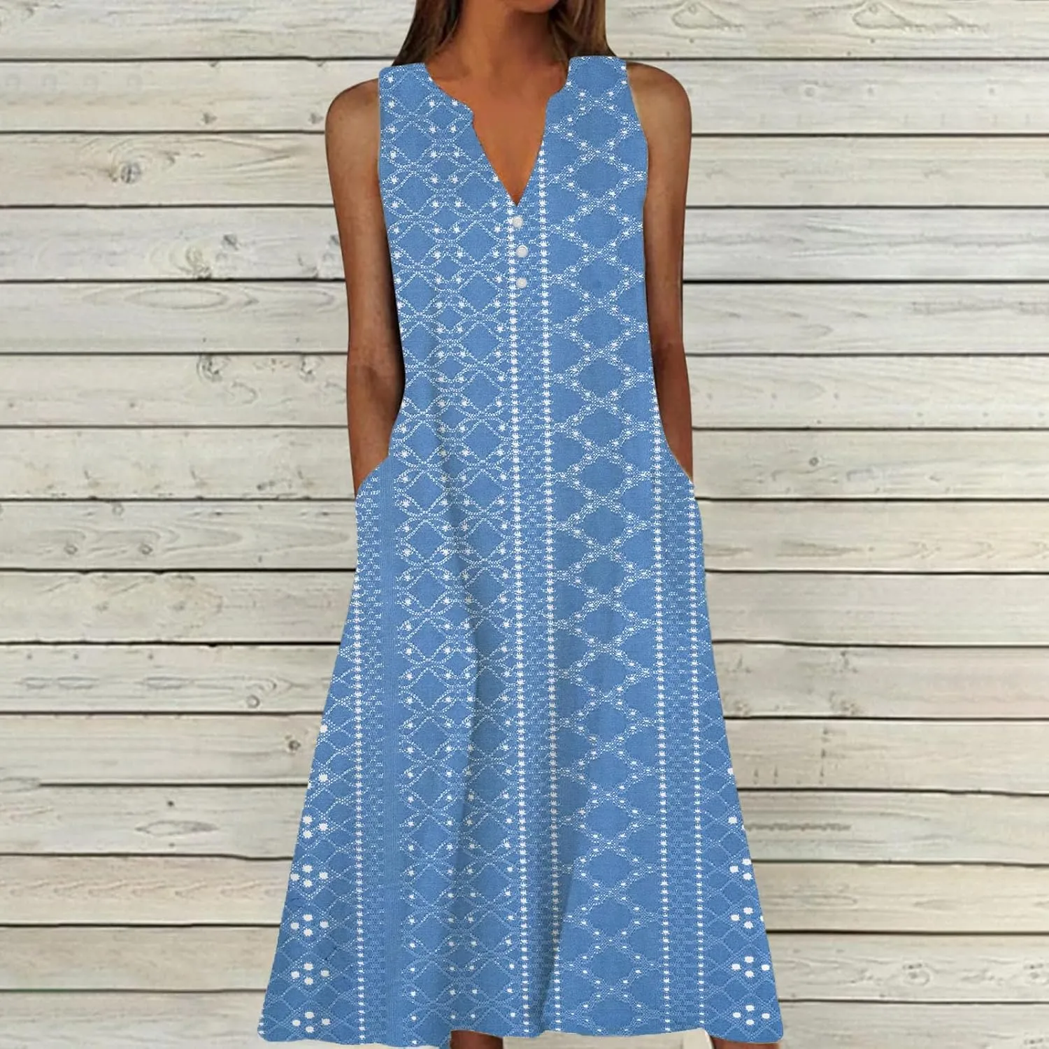 Plus Size Women's Embossed Floral Printed Midi Dresses with Pockets Loose Button V Neck Sleeveless A-Line Casual Summer Dress