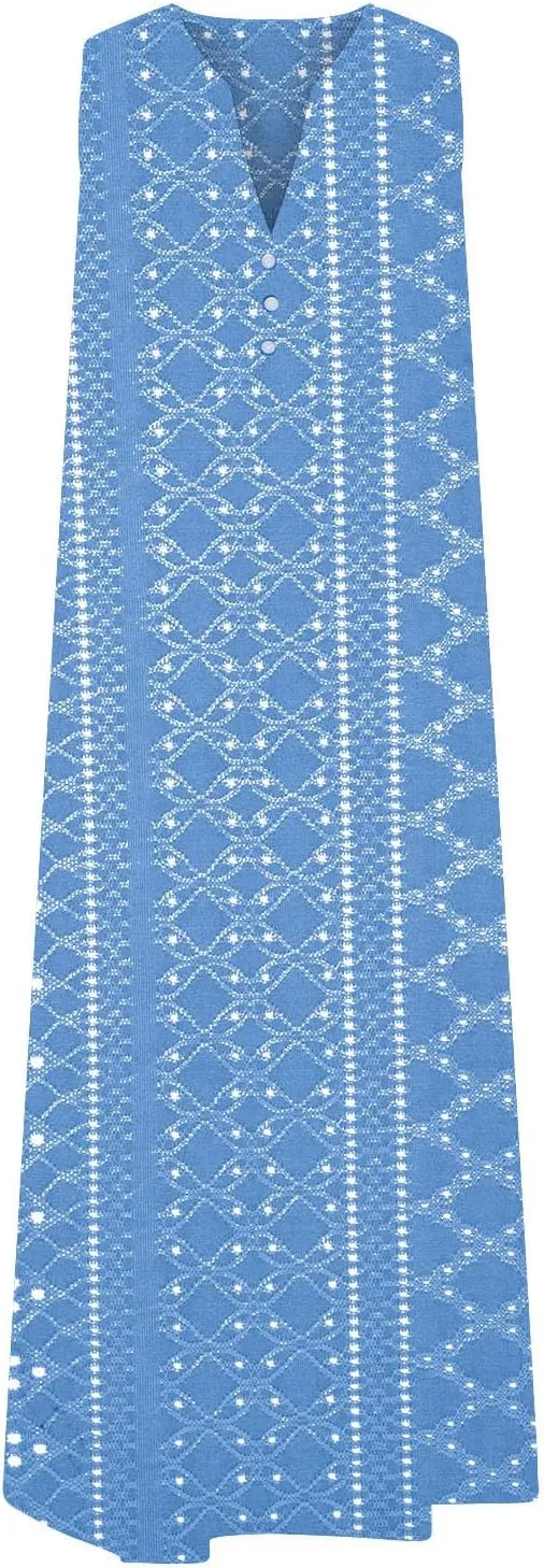 Plus Size Women's Embossed Floral Printed Midi Dresses with Pockets Loose Button V Neck Sleeveless A-Line Casual Summer Dress