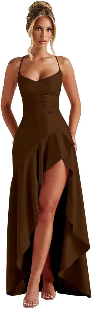 Satin Prom Dresses Spaghetti Straps Mermaid Ruffles Formal Evening Dresses with Slit