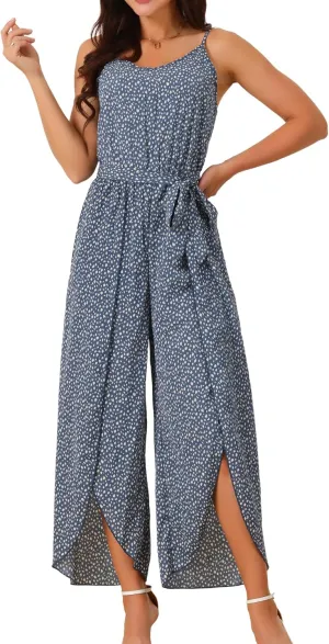 Seta T Women's Summer Jumpsuits 2025 Spaghetti Straps Sleeveless V Neck Tie Waist Split Wide Leg Casual Rompers