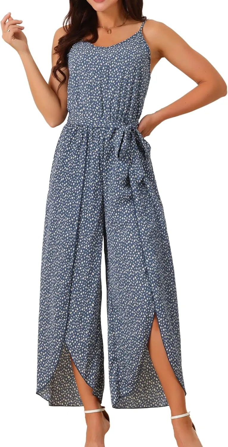 Seta T Women's Summer Jumpsuits 2025 Spaghetti Straps Sleeveless V Neck Tie Waist Split Wide Leg Casual Rompers