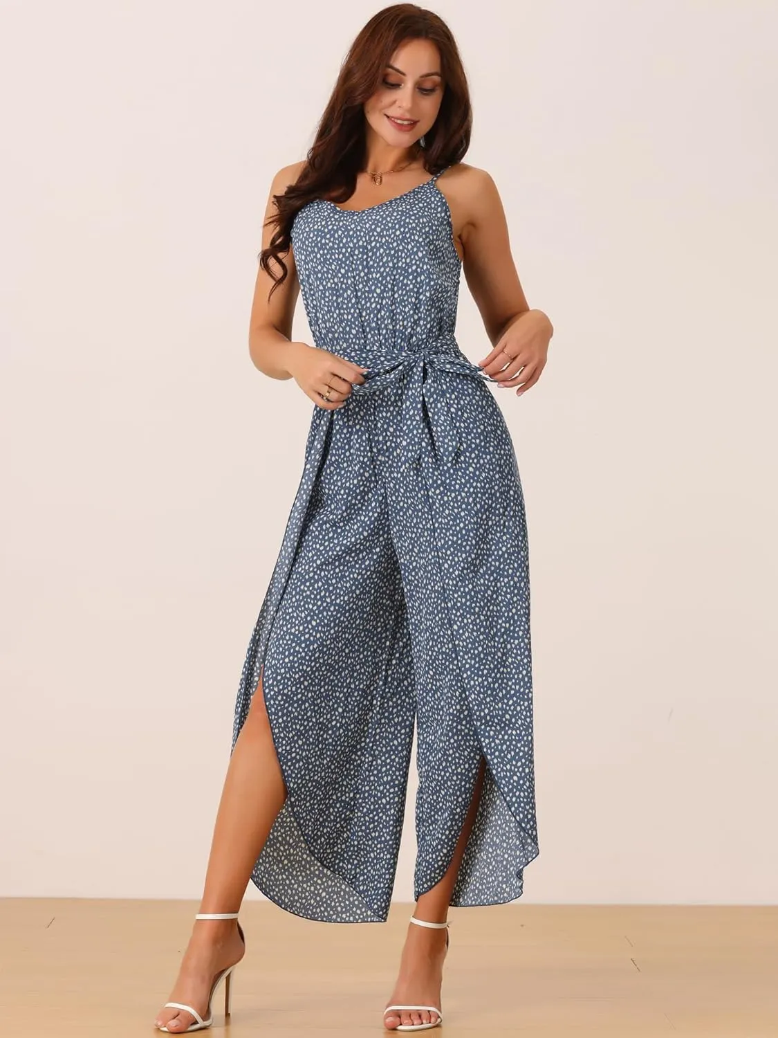 Seta T Women's Summer Jumpsuits 2025 Spaghetti Straps Sleeveless V Neck Tie Waist Split Wide Leg Casual Rompers