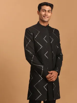 SHRESTHA By VASTRAMAY Men's Black Mirror Indo Western Sherwani Only Top