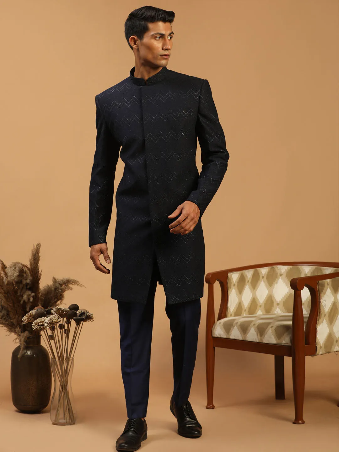 SHRESTHA By VASTRAMAY Men's Navy Blue Glitter Indo Western Sherwani Only Top