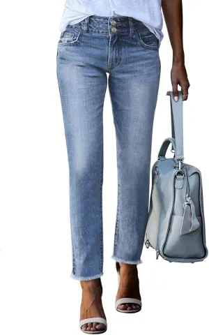 Sidefeel Women's Jeans Straight Leg Casual Loose Fit Raw Hem Boyfriend Petite Summer Denim Pants Sky Blue Size 6 Short