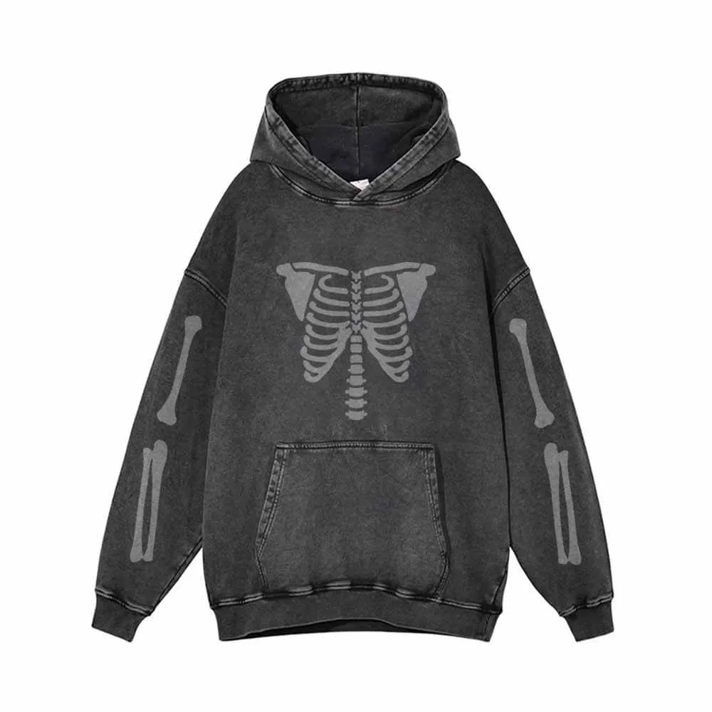 Skeleton Rib Cage Print Vintage Washed Hoodie
