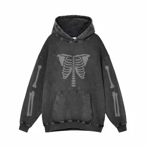 Skeleton Rib Cage Print Vintage Washed Hoodie
