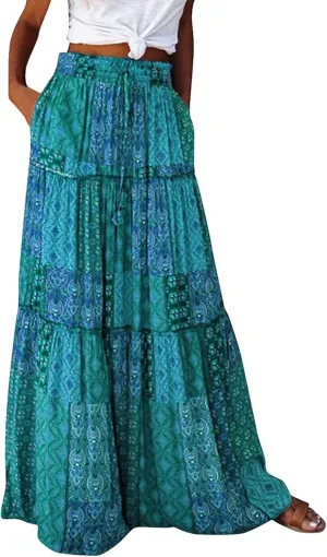 Skirts for Women Summer 2025 Boho Pleated Flowy Long Maxi Skirt with Pockets A Line Swing Tiered Beach Vacation