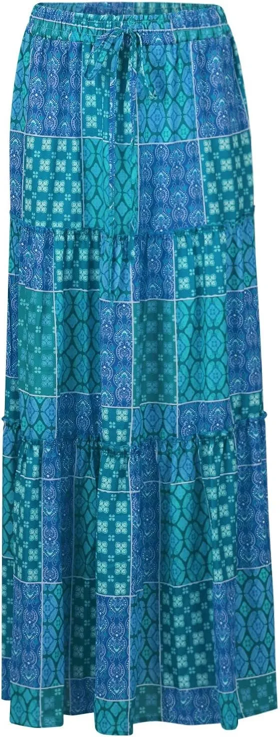 Skirts for Women Summer 2025 Boho Pleated Flowy Long Maxi Skirt with Pockets A Line Swing Tiered Beach Vacation