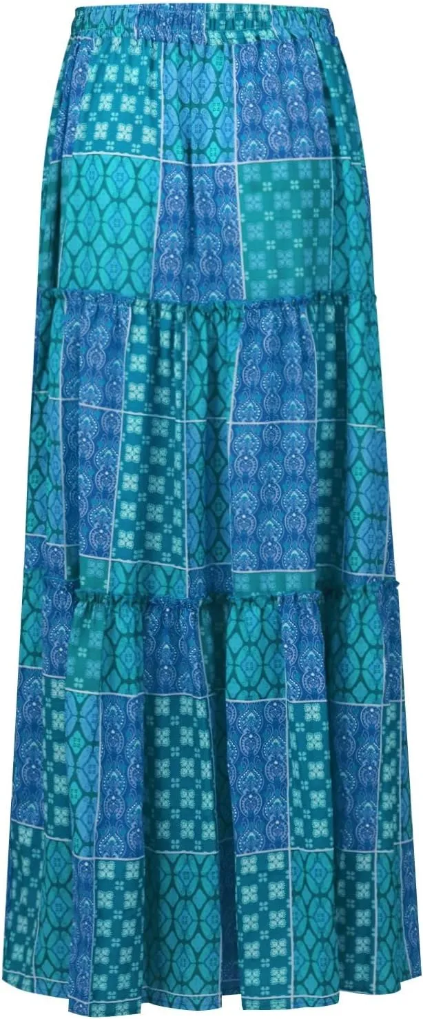 Skirts for Women Summer 2025 Boho Pleated Flowy Long Maxi Skirt with Pockets A Line Swing Tiered Beach Vacation