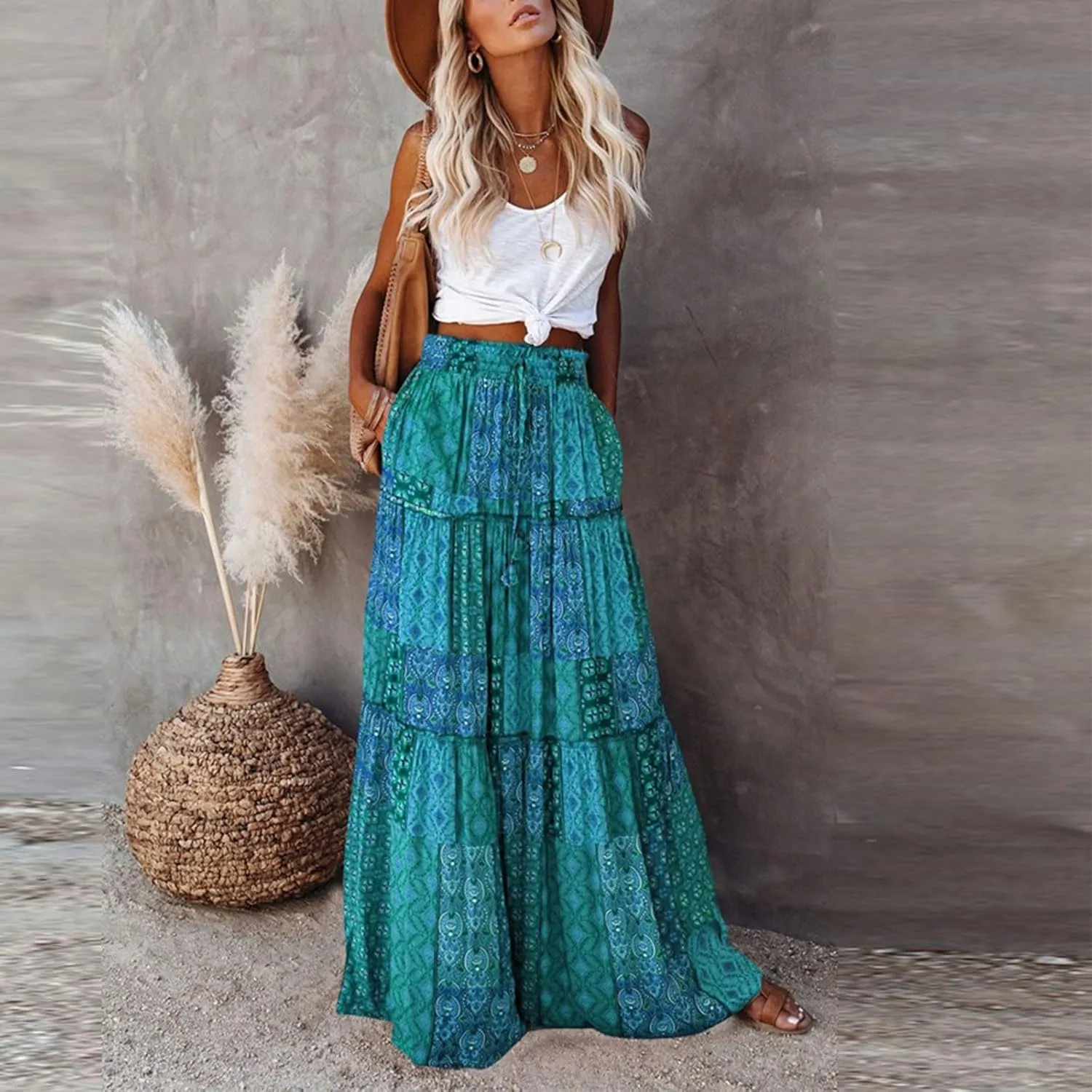 Skirts for Women Summer 2025 Boho Pleated Flowy Long Maxi Skirt with Pockets A Line Swing Tiered Beach Vacation