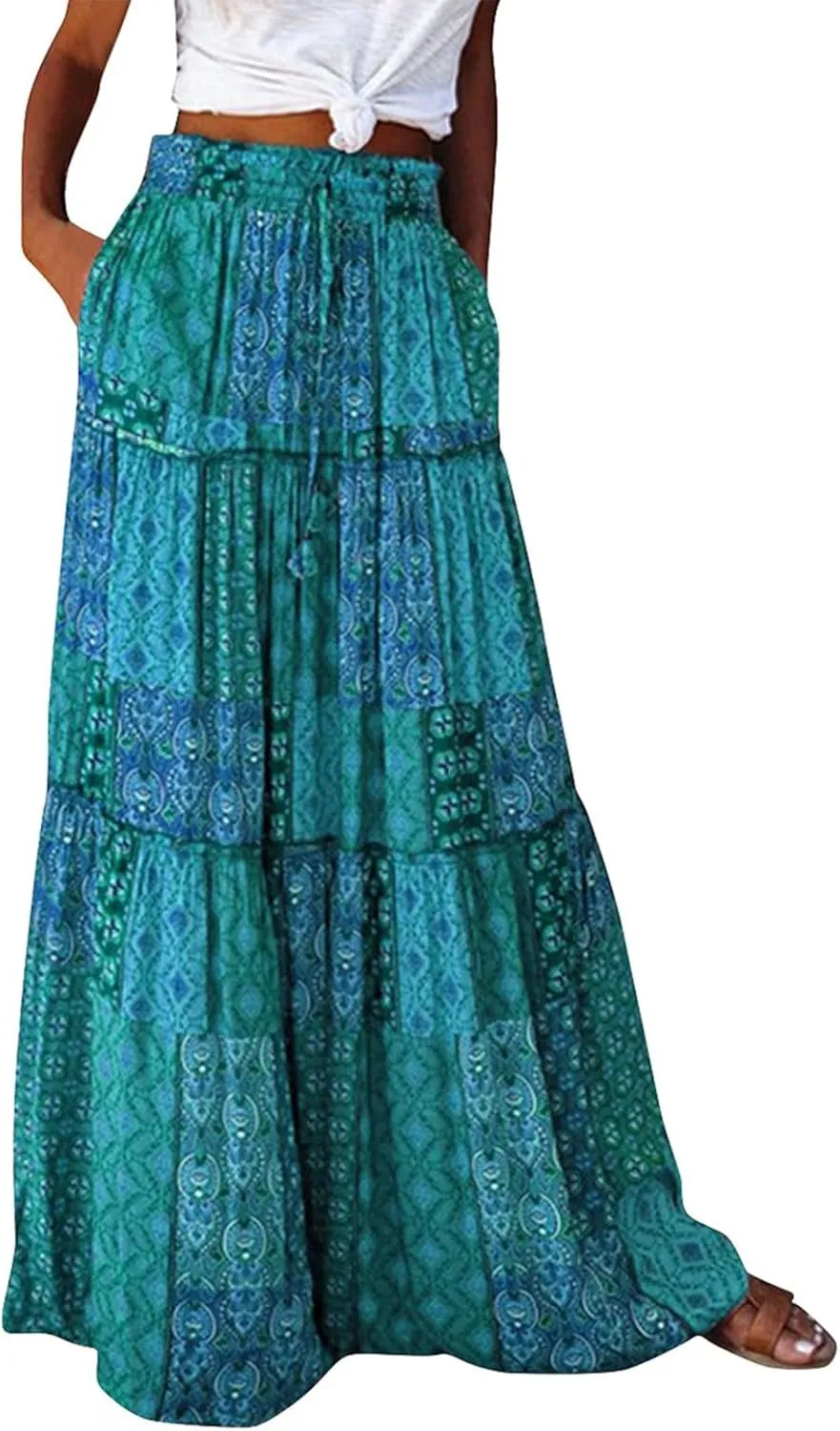 Skirts for Women Summer 2025 Boho Pleated Flowy Long Maxi Skirt with Pockets A Line Swing Tiered Beach Vacation