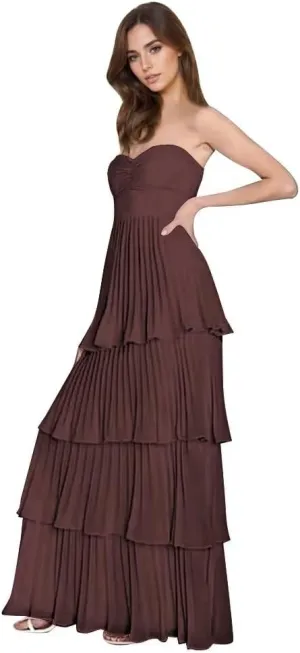 Strapless Chiffon Prom Dress Ruffle Tiered Bridesmaid Dresses for Wedding Long A-Line Formal Evening Gowns