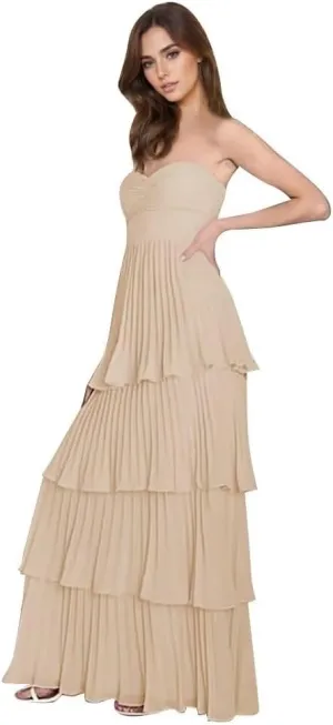 Strapless Chiffon Prom Dress Ruffle Tiered Bridesmaid Dresses for Wedding Long A-Line Formal Evening Gowns