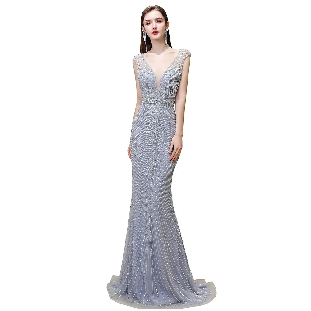 Stylish Deep V-Neck Sleeveless Beading Silver Slim Mermaid Party Gown