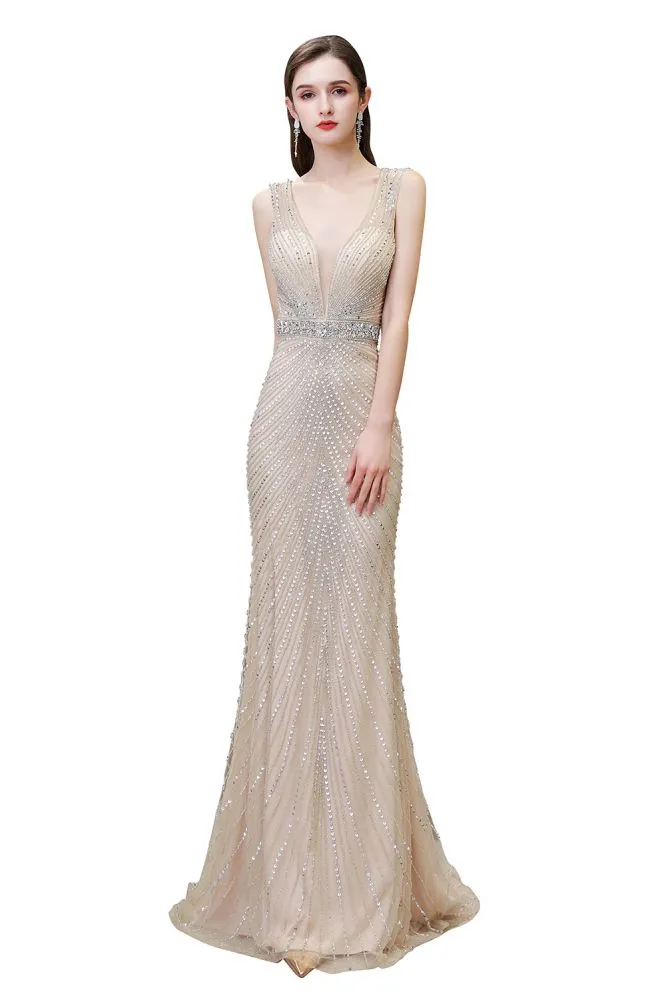 Stylish Deep V-Neck Sleeveless Beading Silver Slim Mermaid Party Gown