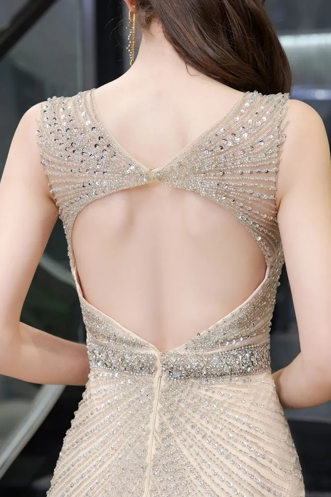 Stylish Deep V-Neck Sleeveless Beading Silver Slim Mermaid Party Gown
