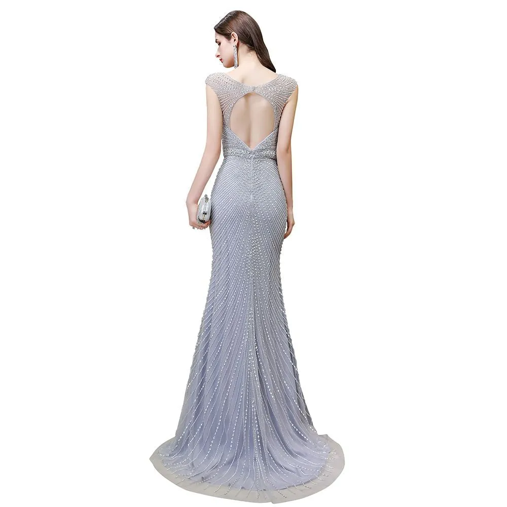 Stylish Deep V-Neck Sleeveless Beading Silver Slim Mermaid Party Gown