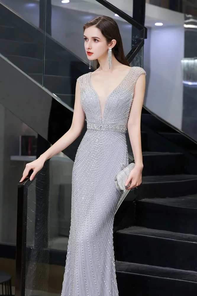 Stylish Deep V-Neck Sleeveless Beading Silver Slim Mermaid Party Gown