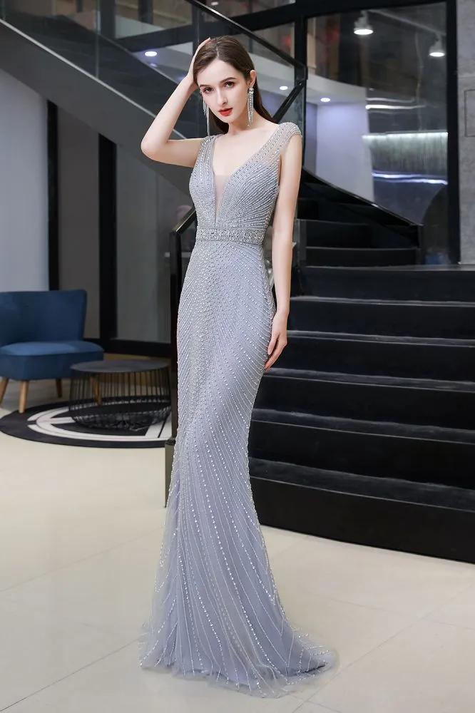 Stylish Deep V-Neck Sleeveless Beading Silver Slim Mermaid Party Gown