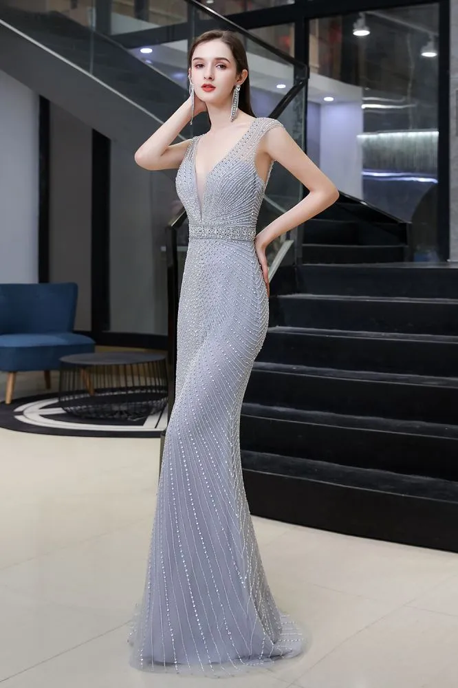 Stylish Deep V-Neck Sleeveless Beading Silver Slim Mermaid Party Gown