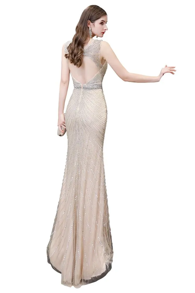 Stylish Deep V-Neck Sleeveless Beading Silver Slim Mermaid Party Gown