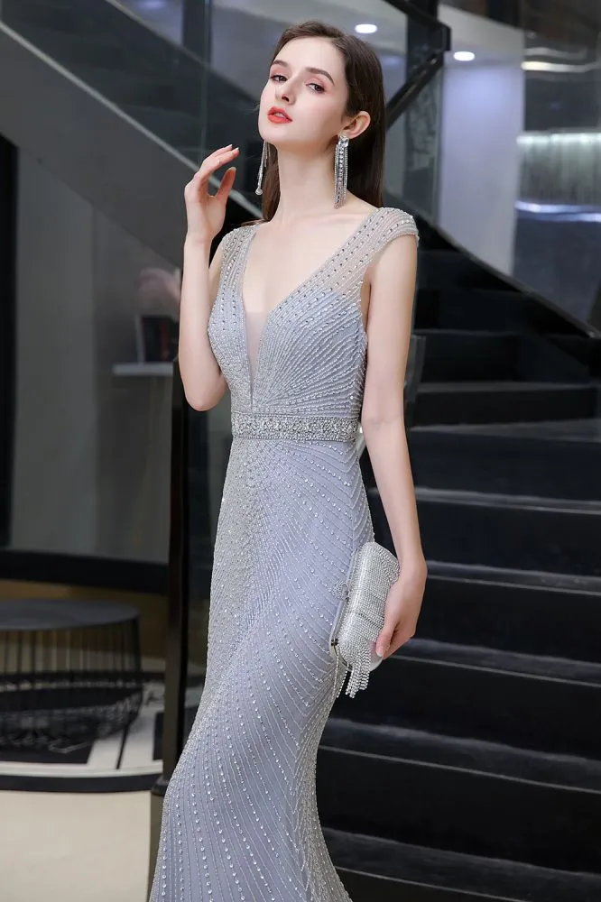 Stylish Deep V-Neck Sleeveless Beading Silver Slim Mermaid Party Gown