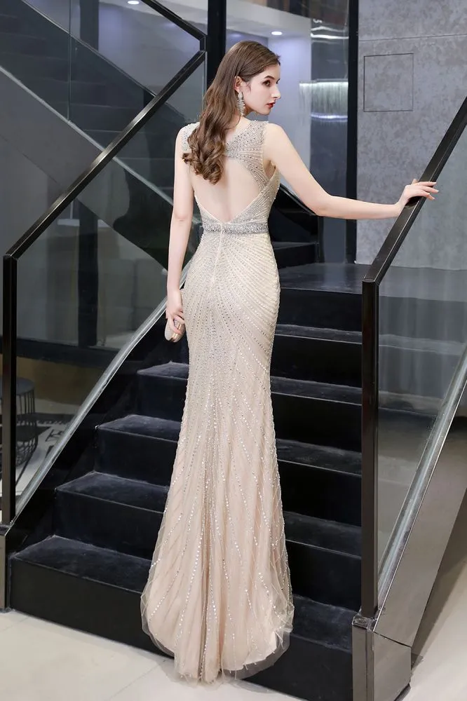 Stylish Deep V-Neck Sleeveless Beading Silver Slim Mermaid Party Gown