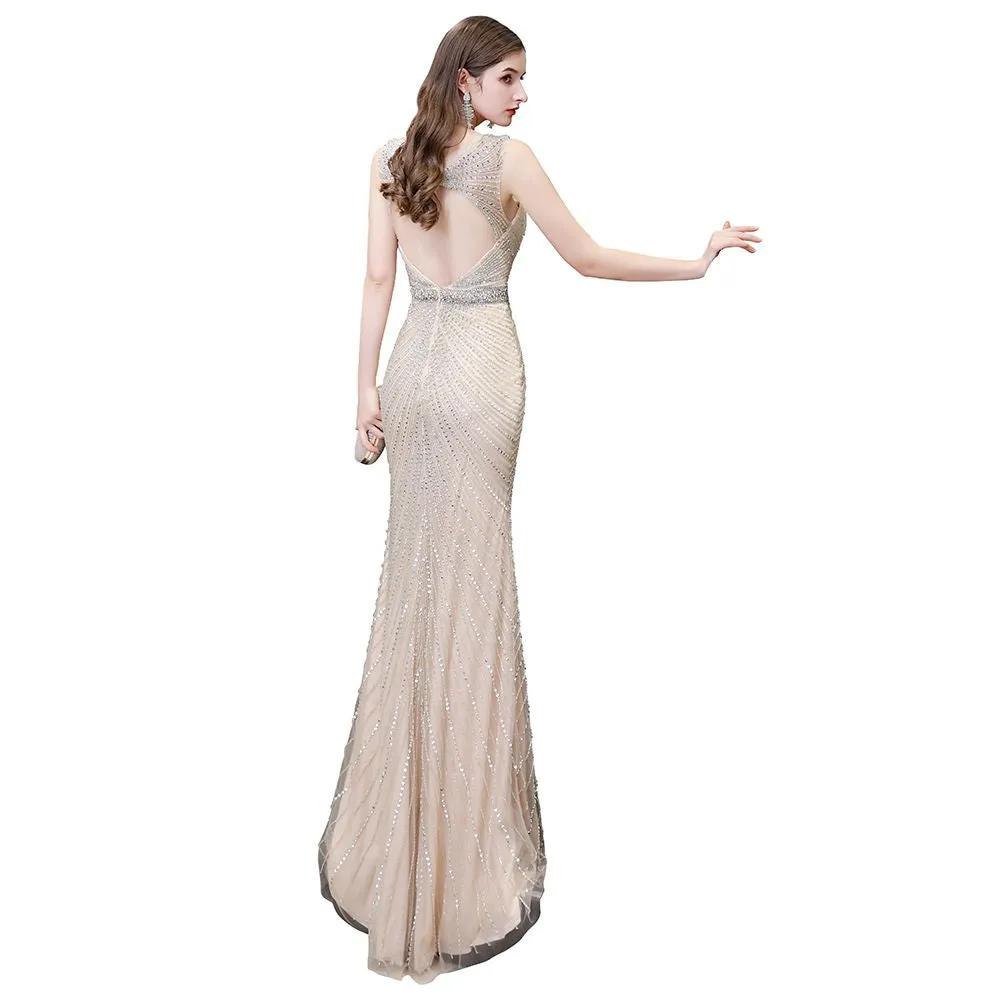 Stylish Deep V-Neck Sleeveless Beading Silver Slim Mermaid Party Gown