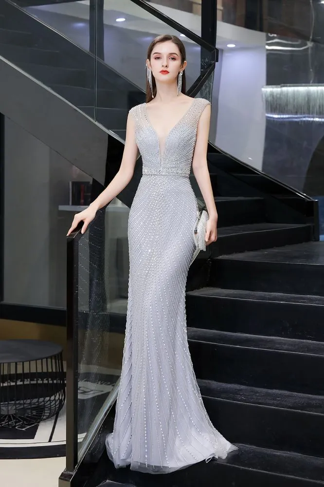 Stylish Deep V-Neck Sleeveless Beading Silver Slim Mermaid Party Gown