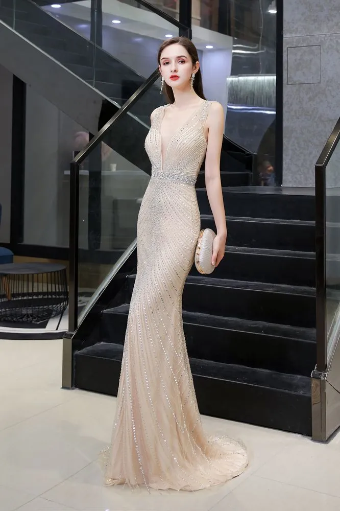 Stylish Deep V-Neck Sleeveless Beading Silver Slim Mermaid Party Gown