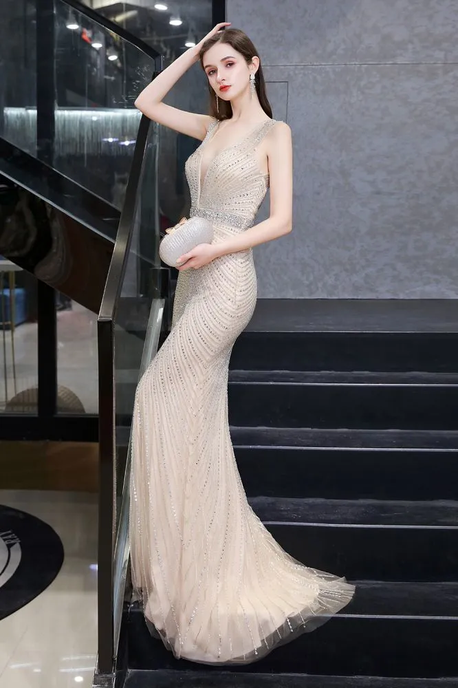 Stylish Deep V-Neck Sleeveless Beading Silver Slim Mermaid Party Gown