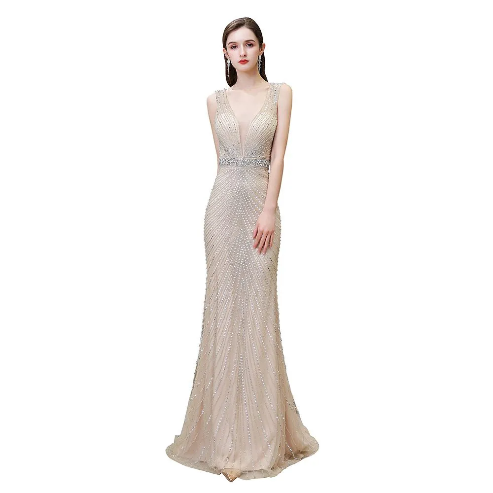 Stylish Deep V-Neck Sleeveless Beading Silver Slim Mermaid Party Gown