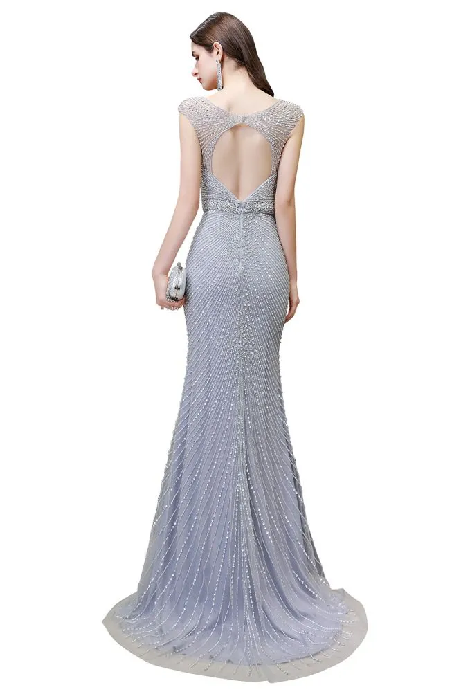 Stylish Deep V-Neck Sleeveless Beading Silver Slim Mermaid Party Gown