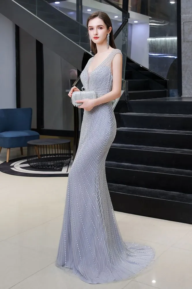 Stylish Deep V-Neck Sleeveless Beading Silver Slim Mermaid Party Gown