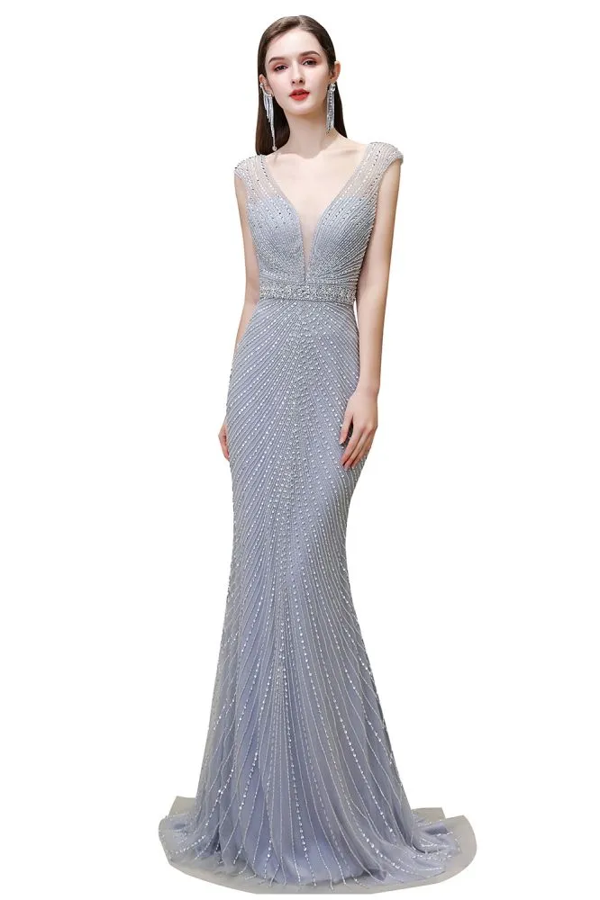 Stylish Deep V-Neck Sleeveless Beading Silver Slim Mermaid Party Gown