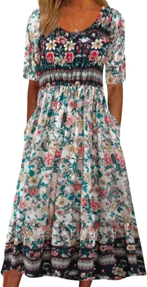 Summer Boho Floral Print Midi Dresses for Women Cotton Blend High Waist Casual Short Sleeve Loose Flowy Dresses with Pockets