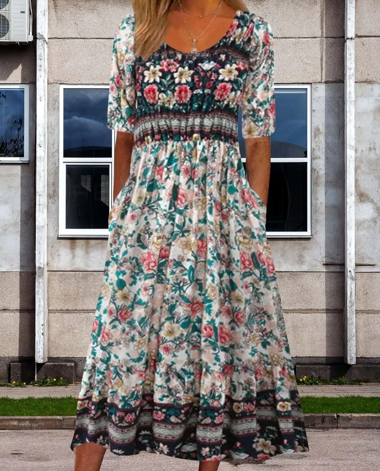Summer Boho Floral Print Midi Dresses for Women Cotton Blend High Waist Casual Short Sleeve Loose Flowy Dresses with Pockets